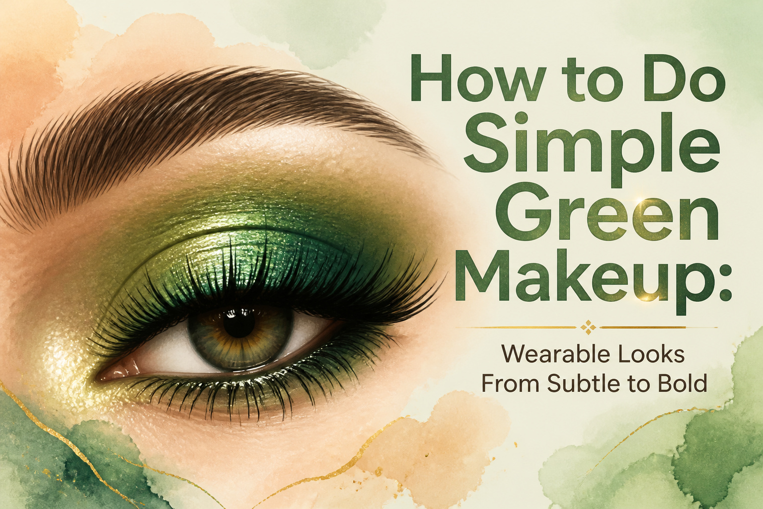 Model showcasing various subtle green makeup styles in a softly lit space.