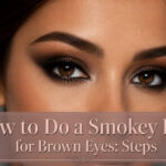 Model with a smokey eye makeup look emphasizing brown eyes.