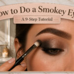 A stylish makeup area with various beauty products and a smokey eye tutorial.