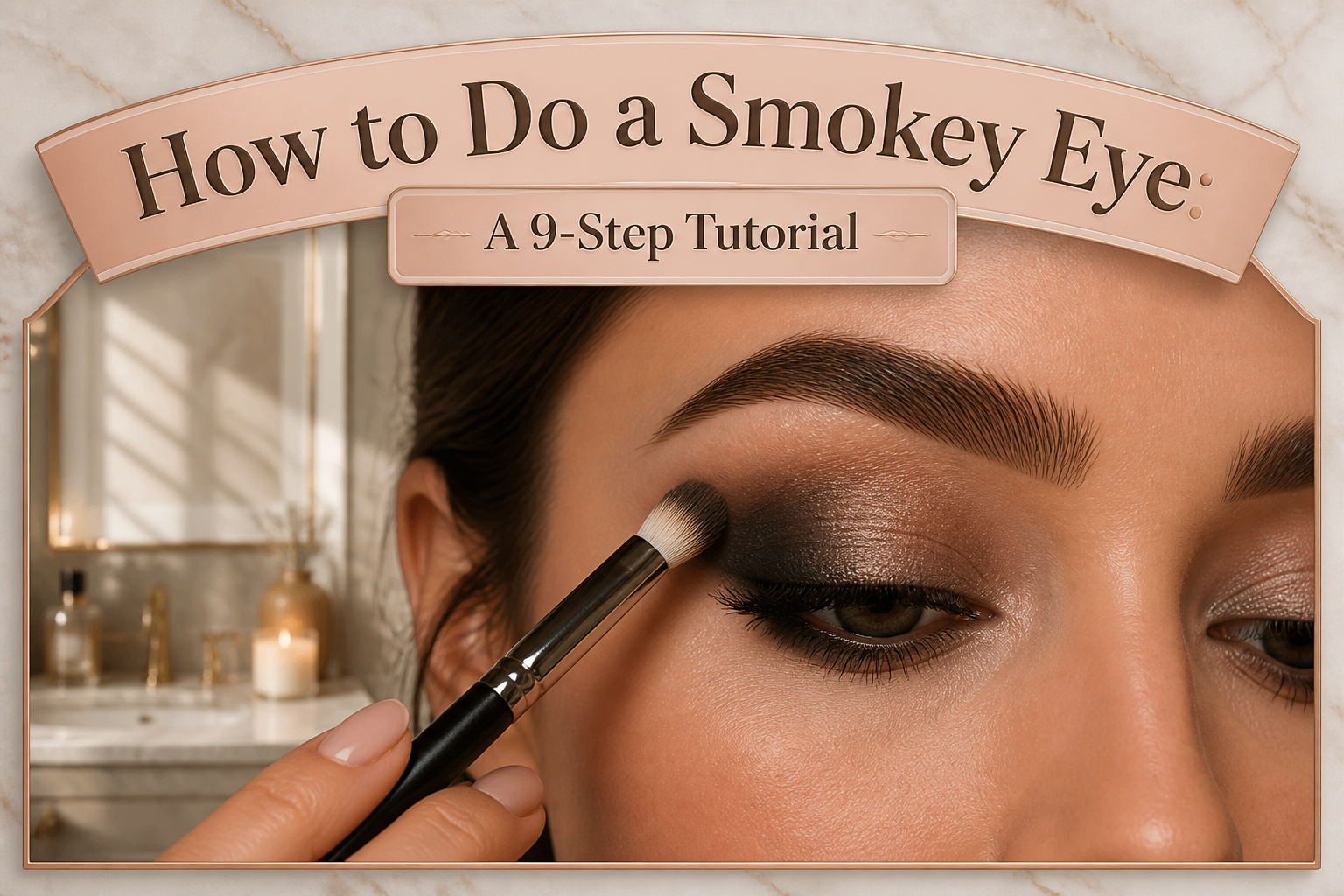 A stylish makeup area with various beauty products and a smokey eye tutorial.