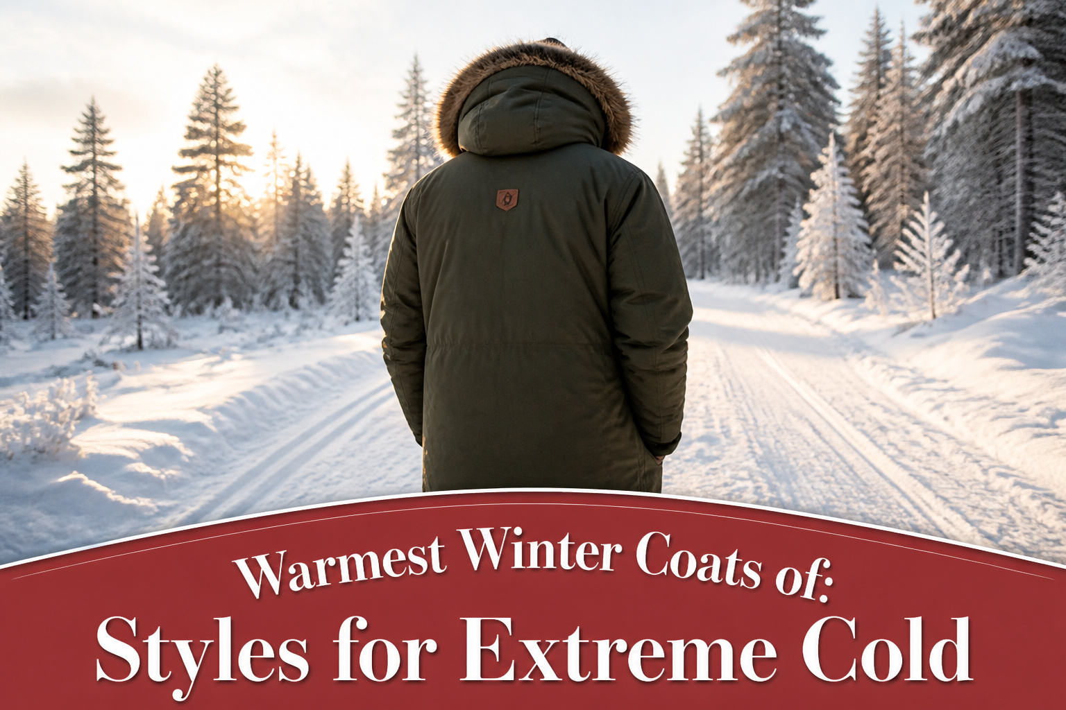 A collection of warm winter coats displayed against a snowy backdrop.