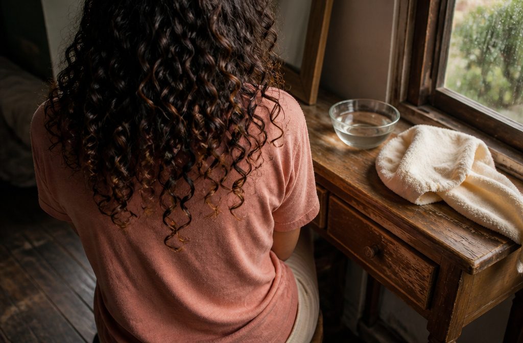 Defined curly hair framing a person’s face