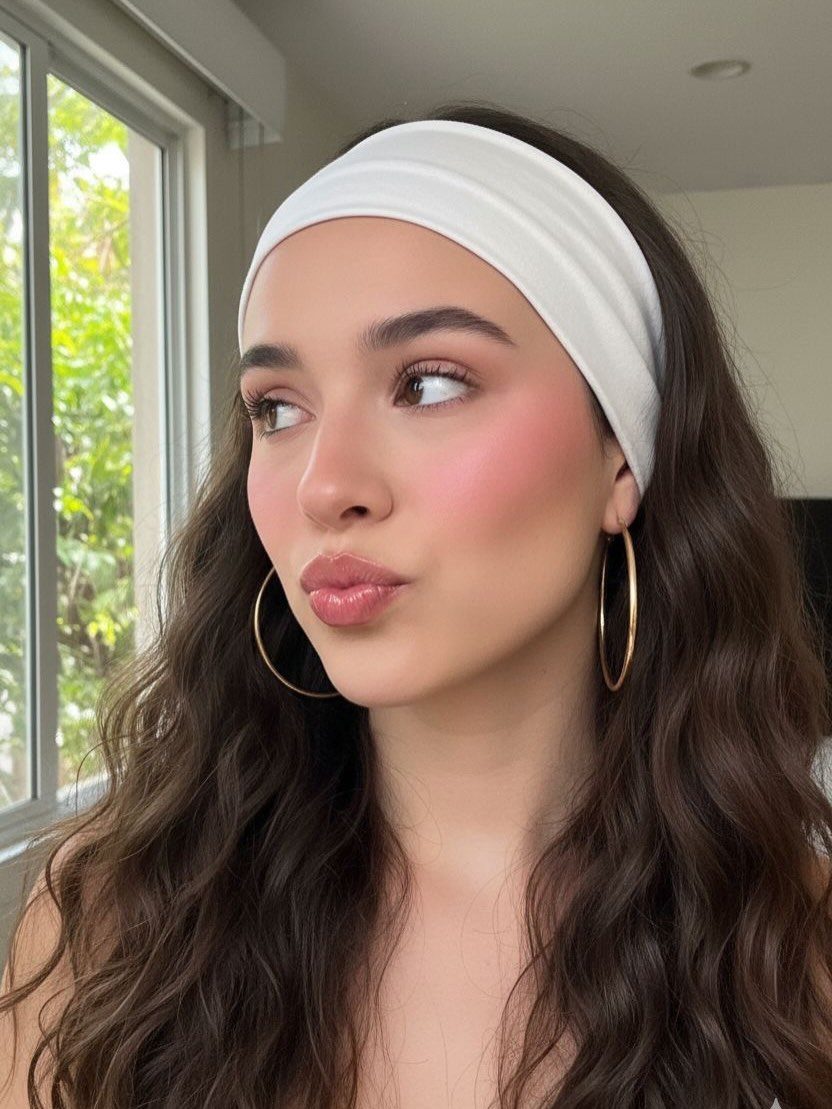 Woman with wavy brown hair wearing a wide white fabric headband and gold hoops.