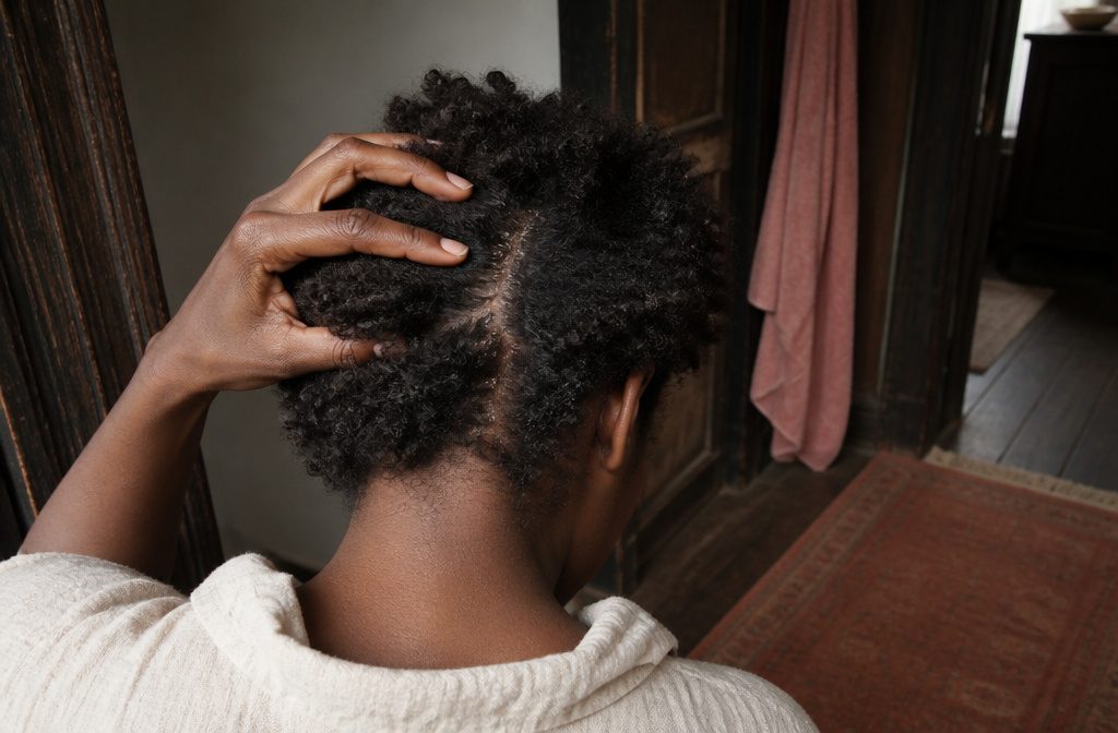 Tightly coiled black hair with a dry scalp and brittle lengths