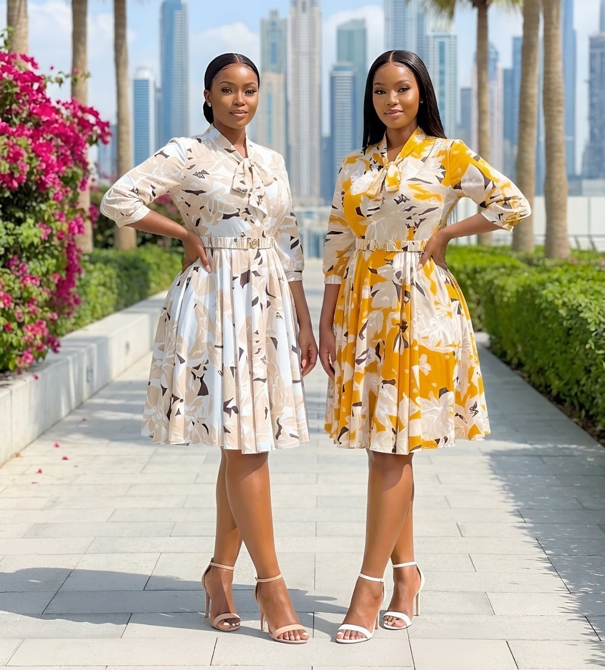 Two women wearing floral A-line dresses and high heels in a city setting