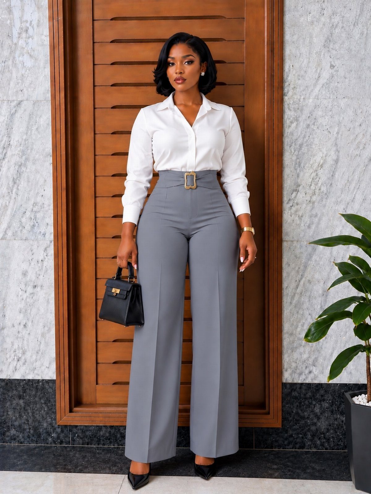 Woman wearing a white shirt and wide-leg grey dress pants with a belt.