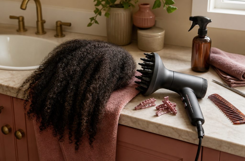 Person with dense coily hair drying it in a small bathroom at early morning