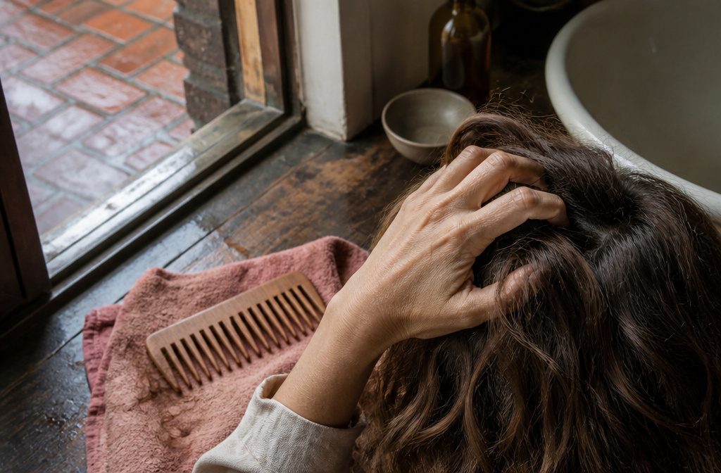 Unmarked gentle shampoo bottle on a tiled shower shelf beside running water and wet hair