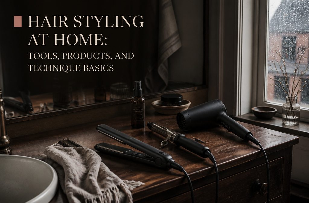 Straightener curling iron and hair dryer arranged for at-home hair styling