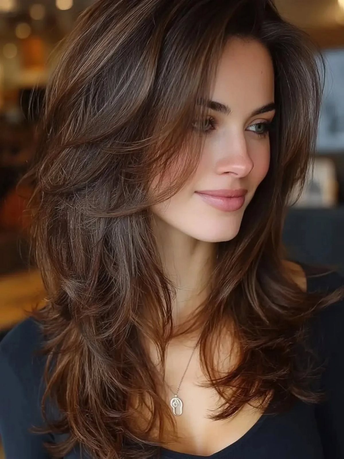 Woman with voluminous layered brown hair styled in soft waves and a side part.