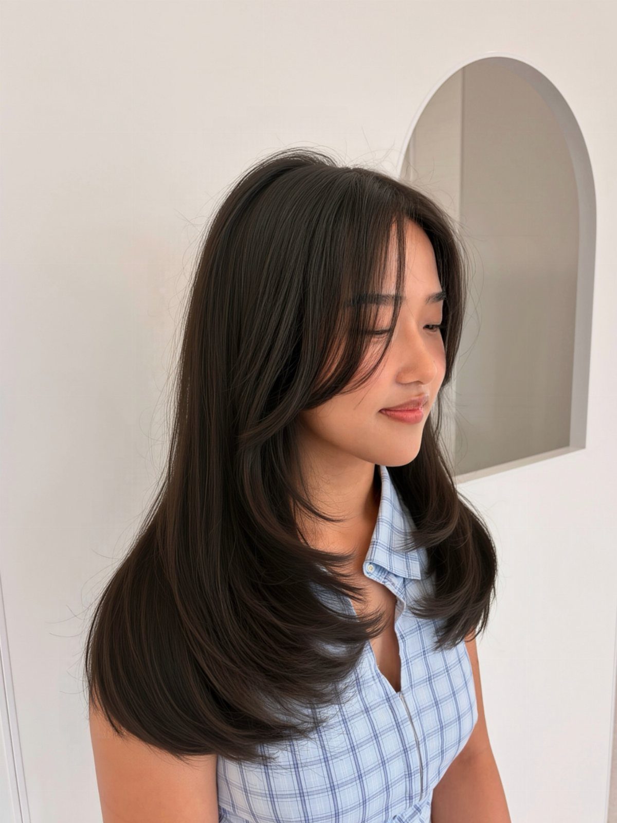 Woman with long dark hair and voluminous, textured face-framing bangs curving outward.