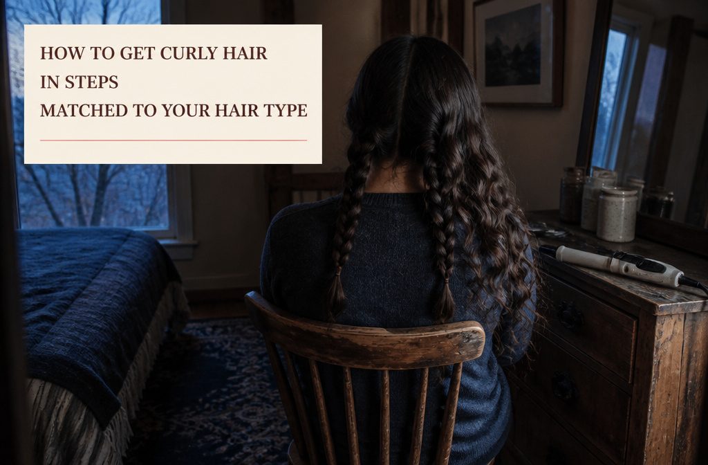 Curly hair arranged in soft defined waves around the face