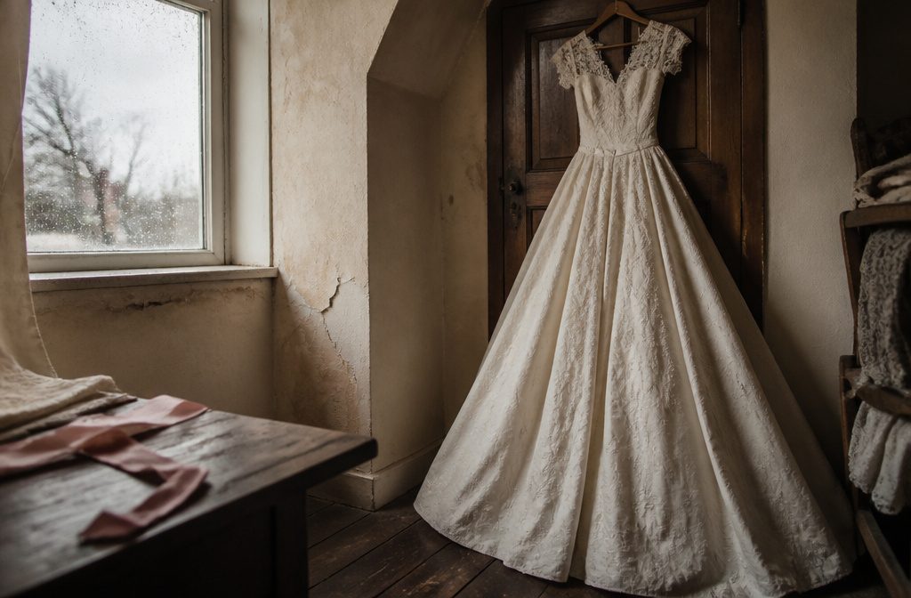 Wedding dresses from several eras with distinct vintage silhouettes