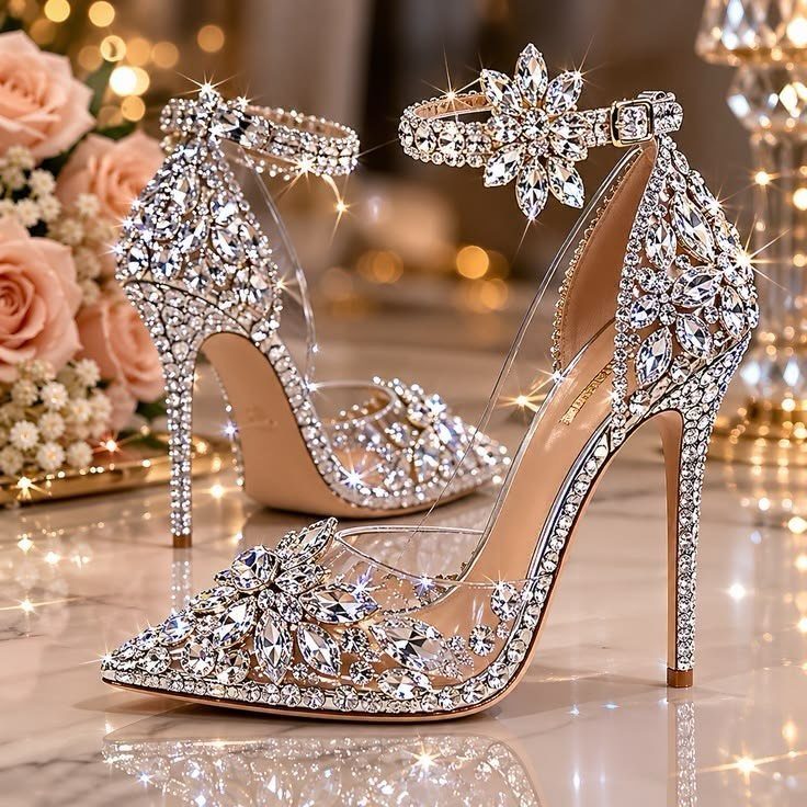 Sparkling crystal high heel shoes with ankle straps on a reflective marble surface.